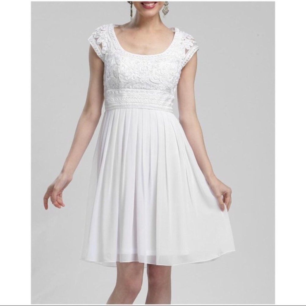 Sue Wong Embroidered Chiffon Empire Waist Cocktail Dress Cap Sleeve Knee
